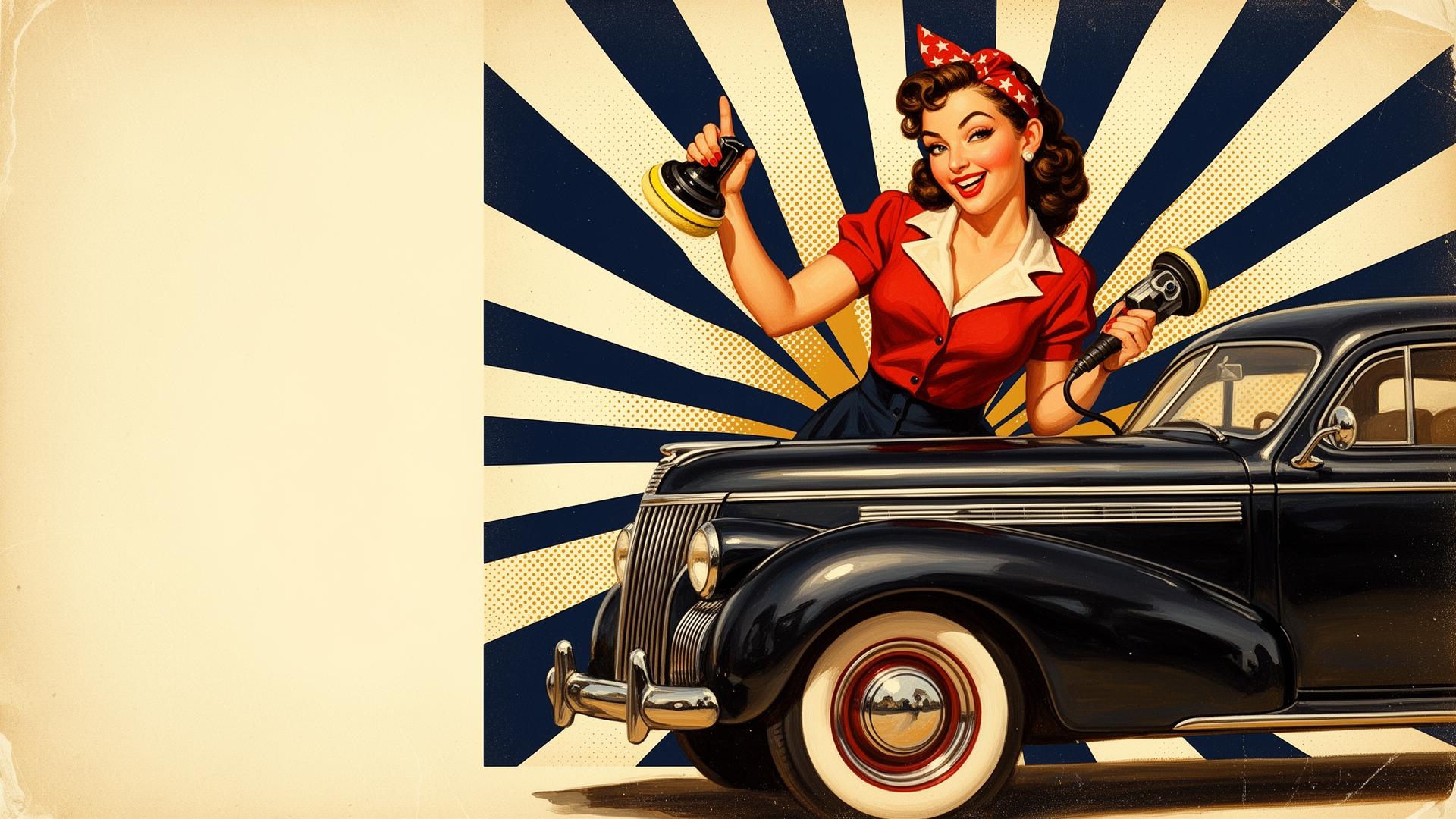 Vintage WW2 pin-up girl detailing a classic car